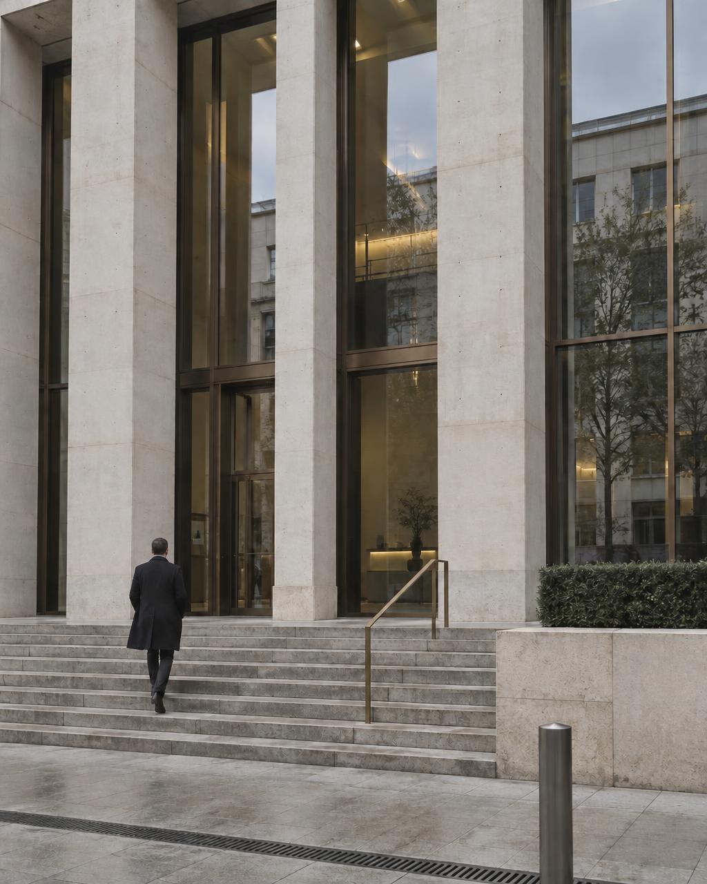 Stone colonnade of a corporate headquarters on an overcast day, one person climbing the steps